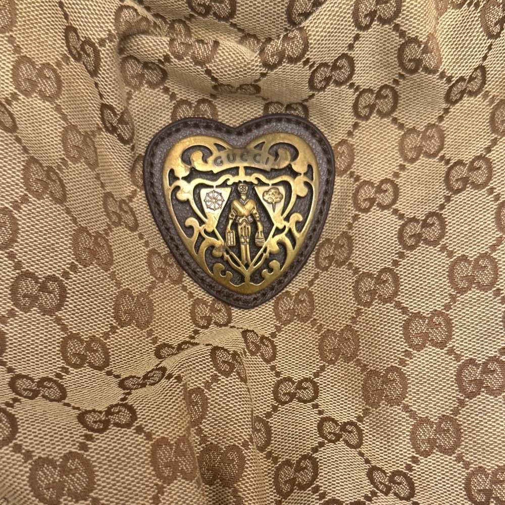 Gucci Beige and Brown Monogram Scarf with Heart Emblem